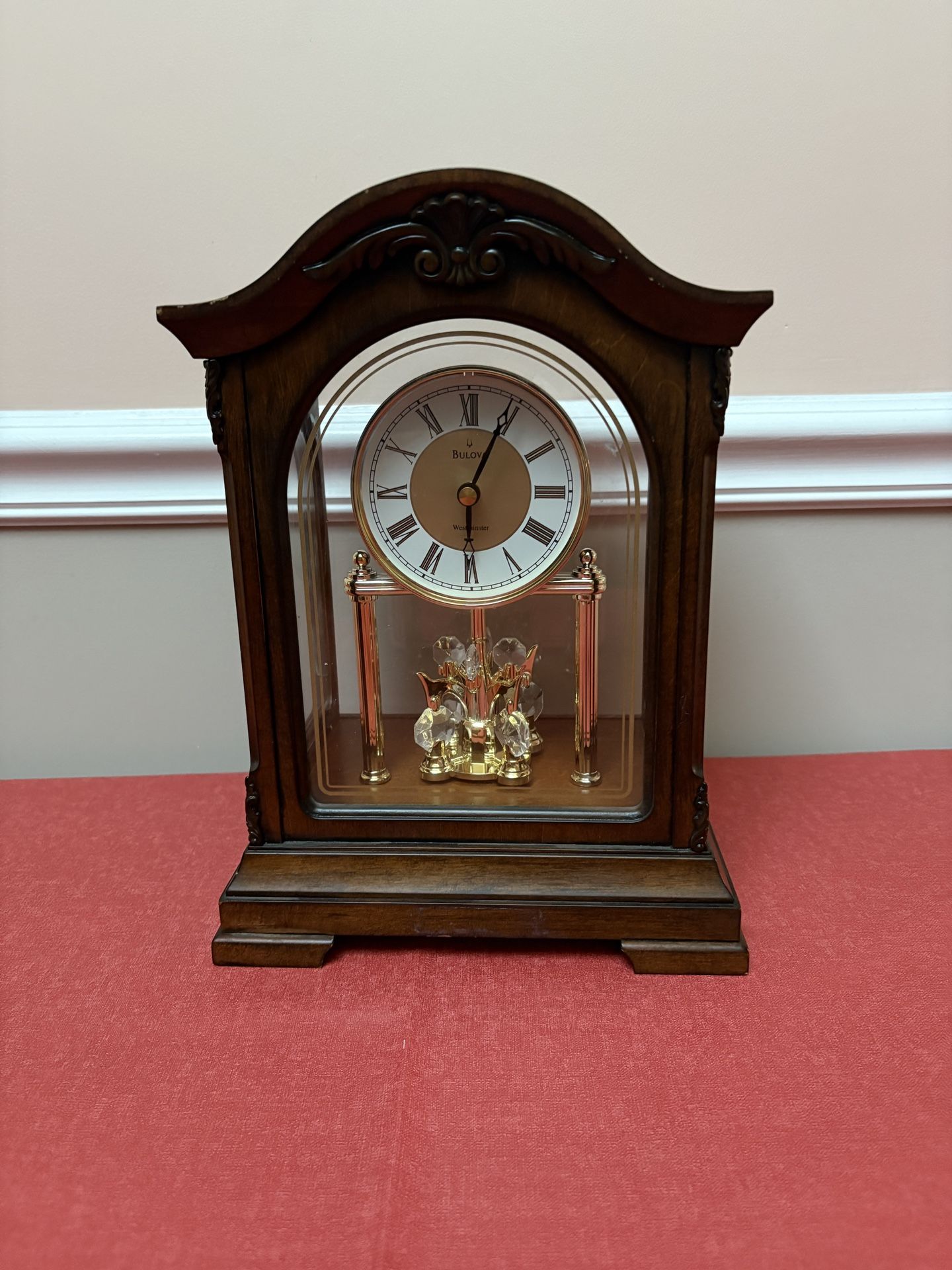 Bulova Clocks B1845 Durant Walnut Wood and Glass Revolving Pendulum Clock, Brown