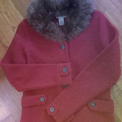 RED CARDIGAN With FUR COLLAR By CAROLE LITTLE