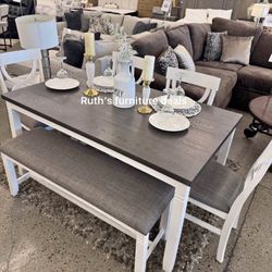 6-pc Dining Table Set With Bench White & Grey