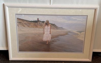 Steve Hanks Signed Coastal Beach Scene Framed Limited Edition Art Print with Lighthouse