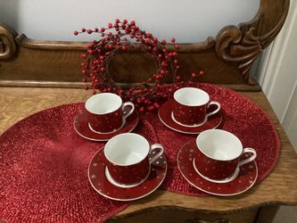 ⭐️ 4 Red Sakura Galaxy Mug & Saucer Plates 14K Gold Stars ⭐️ 