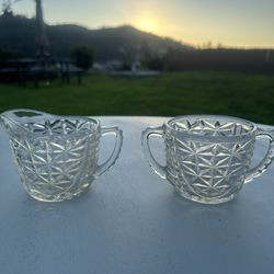 Clear Glass Creamer & Sugar Bowl Set Geometric Pattern Vintage Handles