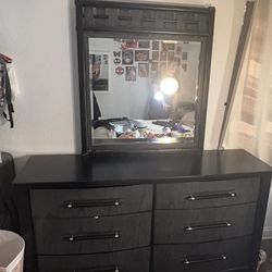 Modern 6-Drawer Dresser with Matching Oversized Mirror – Charcoal Finish