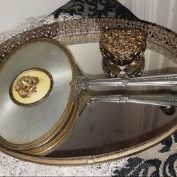 VINTAGE ORNATE GOLD METAL  VANITY MIRROR TRAY FLOWER ROSE HEART FOOTED JEWELRY BOX CASKET DECOR