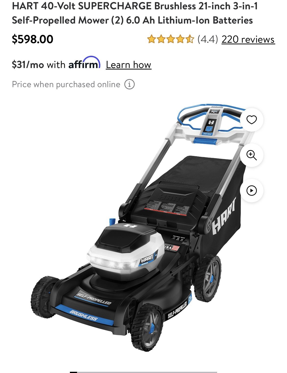 HART 40-Volt SUPERCHARGE Brushless 21-inch 3-in-1 Self-Propelled Mower - NEW