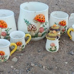 Vintage Mushroom Canister, Cups, Salt, And Pepper