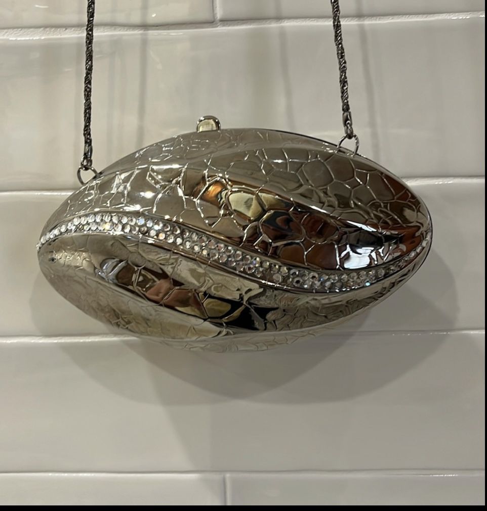 Vintage Football Shaped Silver Alligator & Crystal Metal Shoulderbag Evening Bag