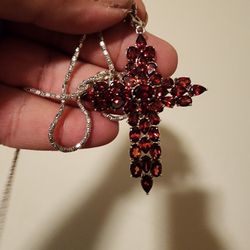925 Sterling Silver Cross With Real Garnet Stone With Necklace
