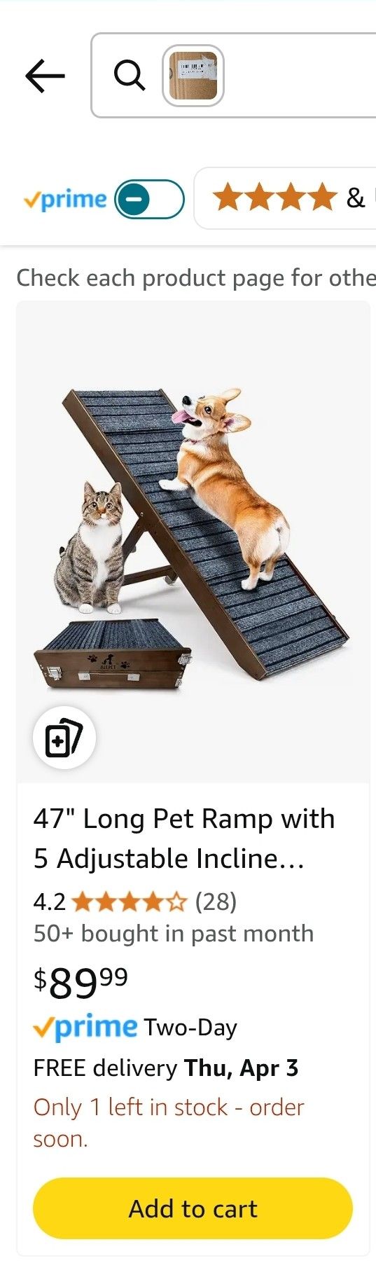 47" Long Pet Ramp with 5 Adjustable Incline Levels; Foldable Dog/Cat Ramp for Bed, Couch or Car; for Cats, Small, Elderly Dogs; Carpeted Surface Raise