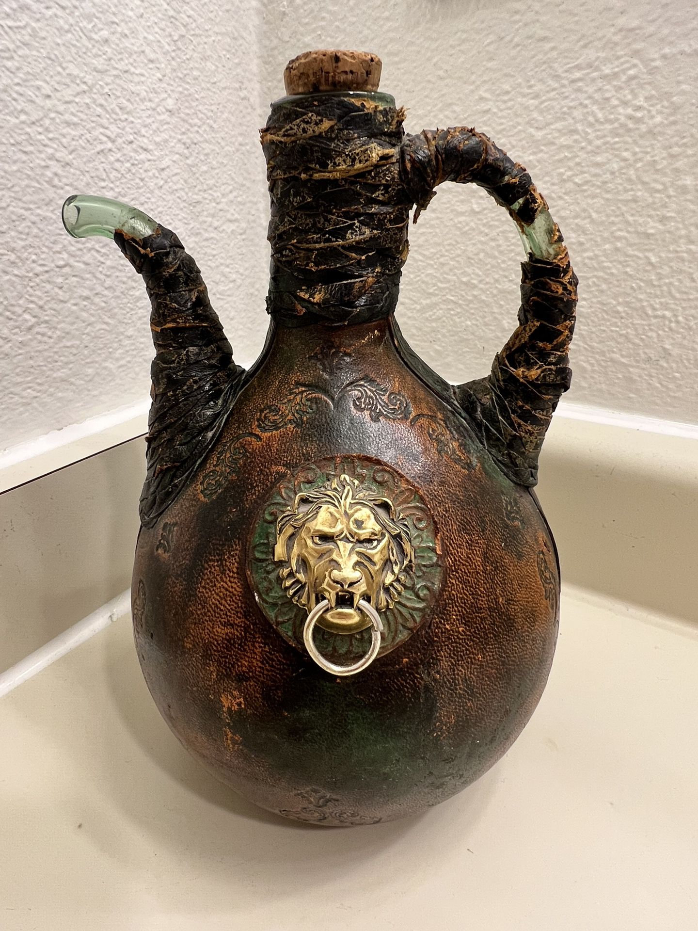 Vintage Leather Covered Glass Decanter Bottle Jug Lion Head Made in Morocco