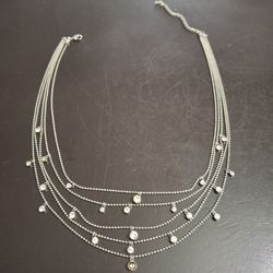 Multiple Strand Fashion Jewelry Silvertone Necklace Adorned With Rhinestones 