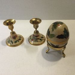 Brass Candle Holders And Two Piece Egg