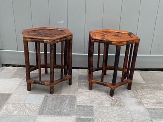 Pair of vintage burnt bamboo boho side tables or plant stands! 16” tall!  $75 for both