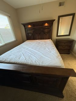 Queen wood bed frame,  dresser & Mirror