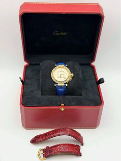 Pasha de Cartier 18k yellow gold Automatic 35mm Blue & Red Leather Band 1035 Diamond Bezel White Roman Dial  Watch Box Appraisal