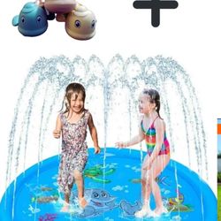 Happy Summer  Toys - Durable 110-Inch Water Sprinkler Pad for Kids & Pets  Summer Outdoor + 3 turtles