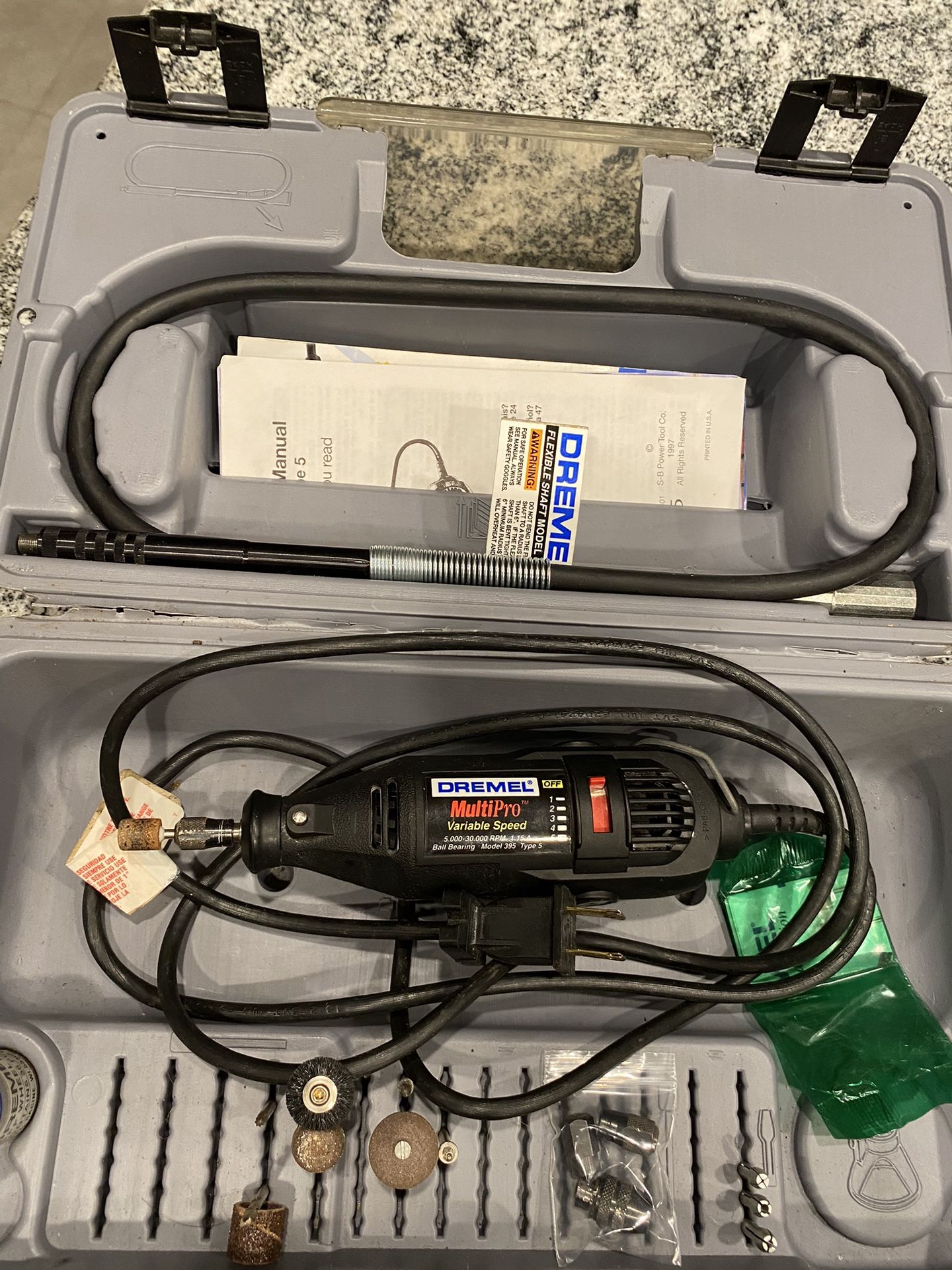Dremel Multipro Variable Speed 395 rotary tool, Includes Case, Flex Shaft, Etc. Tested and working perfectly. Case hinge shows some wear.