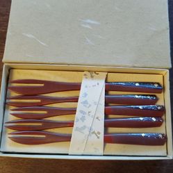 Vintage Set Of 5 Maeju Lacquerware Princess Dessert Forks