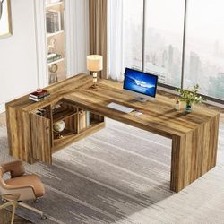 Finmind 72.8" Rustic Brown L-Shaped Desk, Large Executive Desk with Storage Cabinet and Shelves, Premium Farmhouse Wood for Home Office