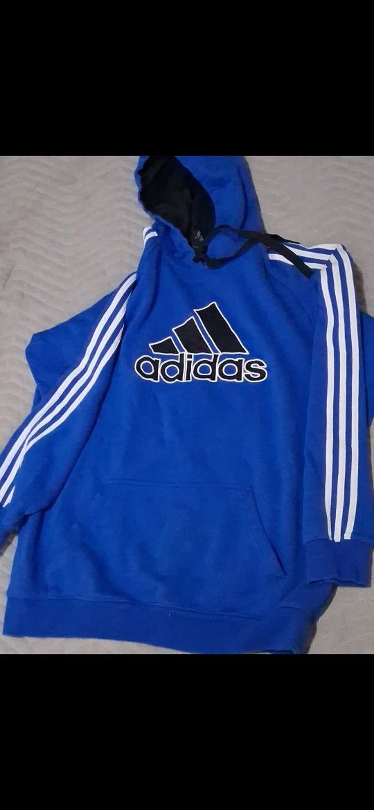 Adidas Hoodie Mens Large Blue Black Pullover Hooded Sweatshirt Logo Active *