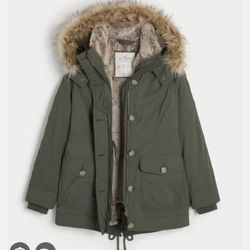 HOLLISTER FAUX FUR LINED COZY PARKA JACKET COAT OLIVE GREEN WOMENS SIZE X-LARGE