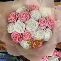 10” Pink and White Foam Flower Arrangement For Birthday
