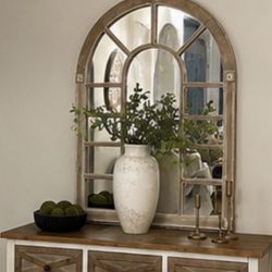 Distressed Wood Cathedral Windowpane Arch Wall Mirror