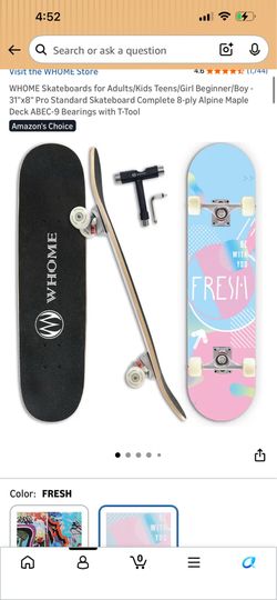 WHOME Skateboards for Adults/Kids Teens/Girl Beginner/Boy - 31"x8" Pro Standard Skateboard Complete 8-ply Alpine Maple Deck ABEC-9 Bearings with T-Too