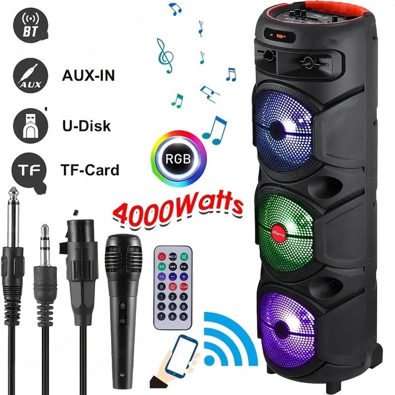   [Wireless Party Karaoke Speaker] 4000W Portable Speaker - HD Loud Sound Wireless Speaker with Wired Mic, Three 8-inch Subwoofers, and Party 