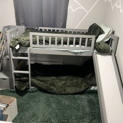 Twin Bunk Bed With Storage In Steps And Slide. Memory Foam Mattresses & Bedding Included!