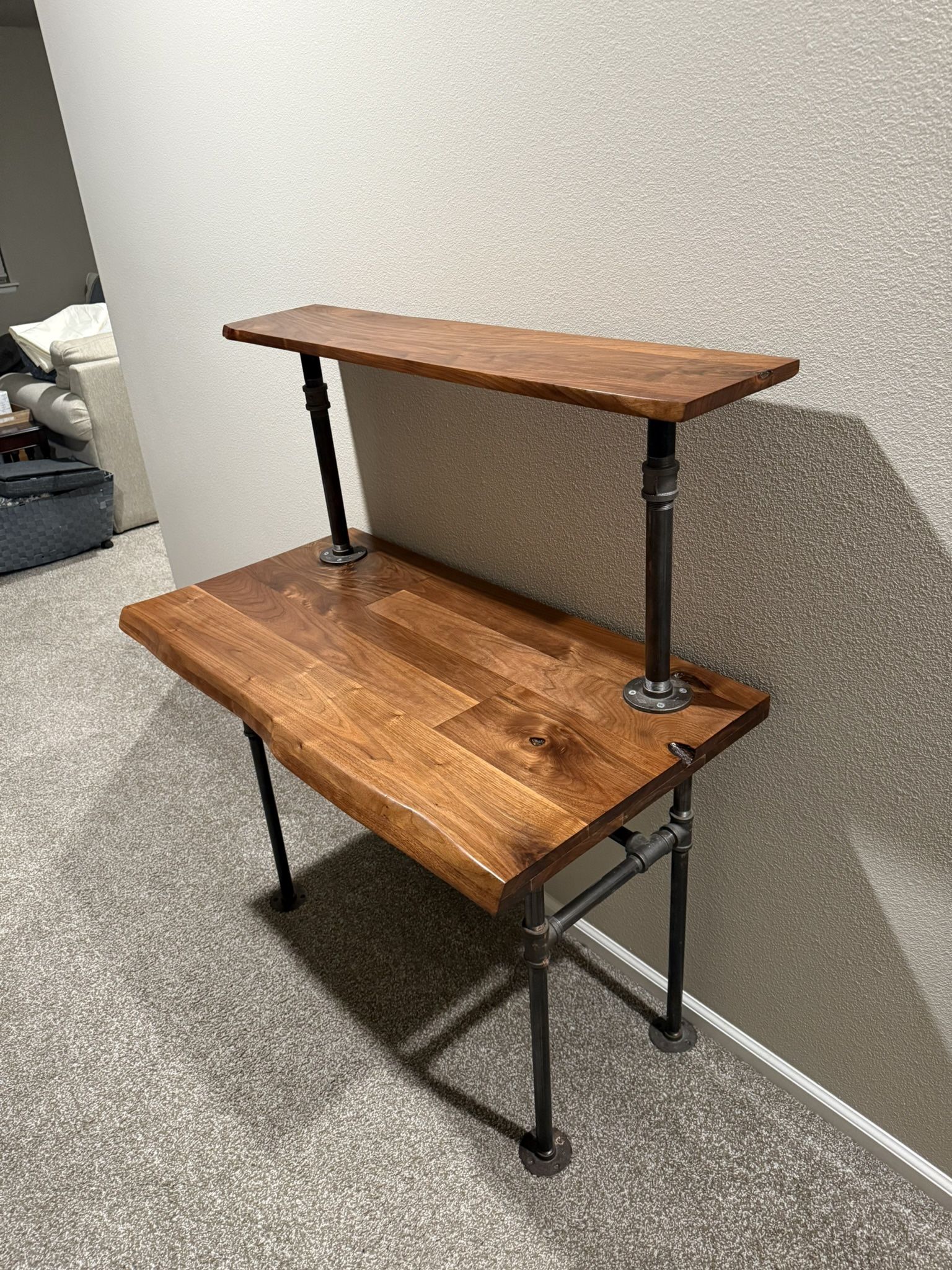 Walnut & Iron Pipe Desk With Live Edge