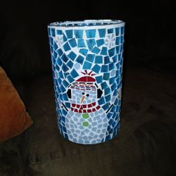 Mosaic Glass Candle Holder Snowman 