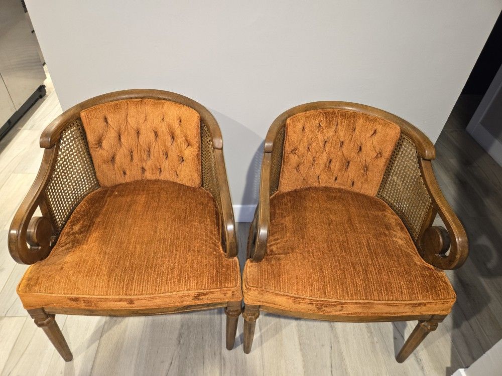 Set of 1970 vintage cane chair orange tufted velvet