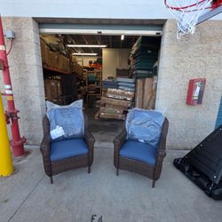 Outdoor Patio Chairs with Blue Cushions – Set of 2