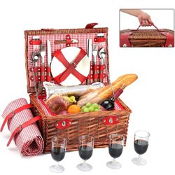 Picnic Basket Set for 4 Person - (Top Handle) Picnic Hamper Cutlery Set Include Large Insulated Cooler Bag and Waterproof Picnic Blanket, Willow Picni