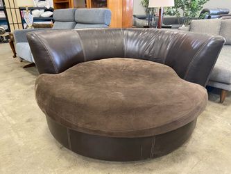 Circular Brown Leather and Microplush Oversized Swivel Chair