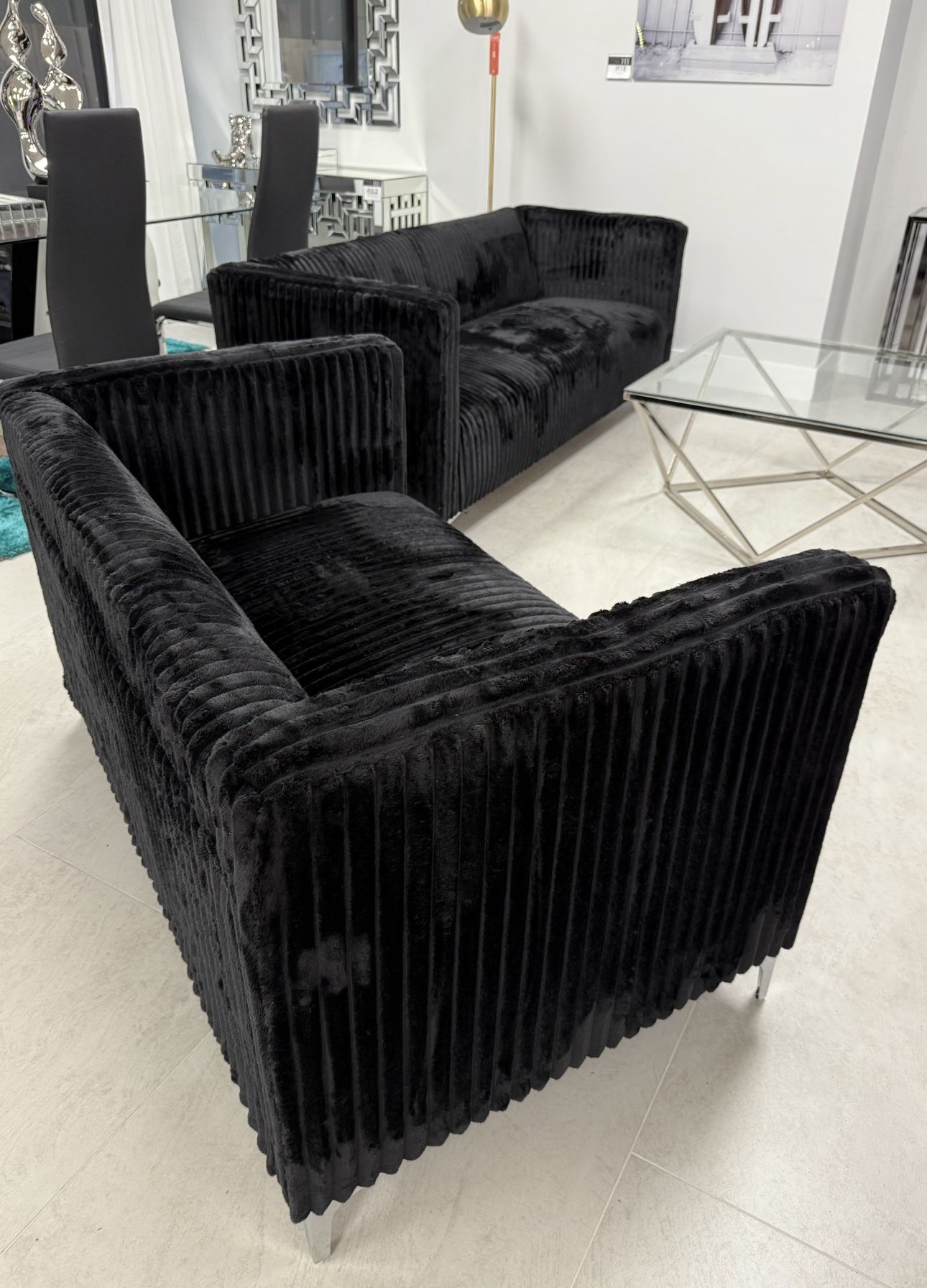 Black Or Grey Velvet 2 Piece Sofa & Loveseat