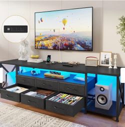 71" TV Stand with LED Lights, 6 Drawers & Open Shelves, Power Outlets, Black