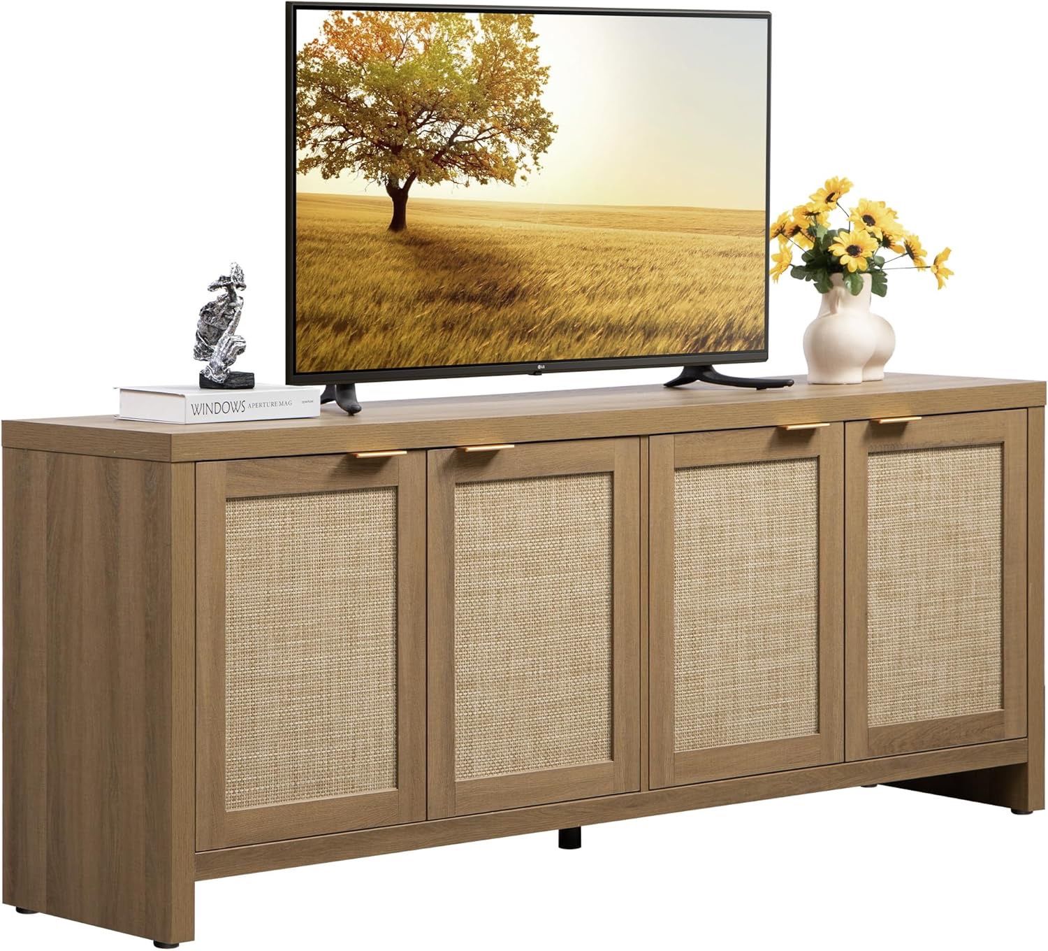 SICOTAS TV Stand for Living Room Boho Entertainment Center for Bedroom with 4 Rattan Cabinets Farmhouse Television Stands with Storage Large Media Con