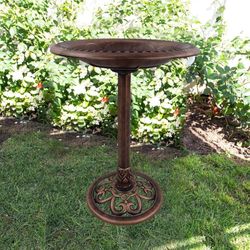 28" Bronze Outdoor Pedestal Birdbath with Scrollwork Base and Ground Stakes — Elegant Garden Décor, Durable Weather-Resistant Design for Lawn, Patio, 