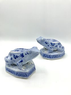 Vintage Blue & White Porcelain Frog Bookends