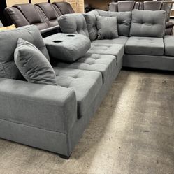 NEW Reversible Sectional Sofa w/ Drop Down Table & Cup Holders, Ottoman w/ Storage  