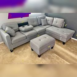 3 Piece Taupe Gray Sectional Sofa Set With Storage Ottoman 