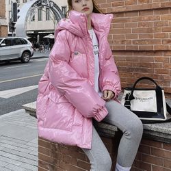 Women Winter Jacket Coat Glossy Pink Jacket, Non-Stretchy Outer Layer, Easy Button Front Closure, Warm Cold Weather Outerwear for Everyday & Form