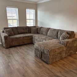 NEW IN  BOX -Mocha Sectional With USB Charging Ports & Pull-Out Bed & STORAGE CHAISE** Finance $39