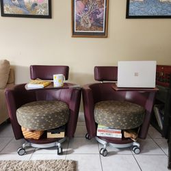 Modern Office Lounge Chairs (Set of 2) – Leather w/ Swivel Trays + Storage + Rolling Base 