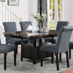 Brand New Espresso Gray 7pc Marble Top Dining Table Set 