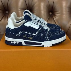 Louis Vuitton LV Trainer Sneaker 1AJ517 Swarovski™ pearls Indigo Blue SIZE 8.5 Box Receipt Dust Bags