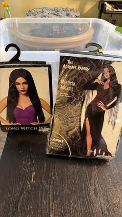 Halloween Morticia Addams Costume & Long Witch Wig Set