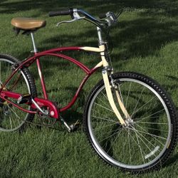 2000 Schwinn Cruiser6 multi-speed cruiser bike, a retro-style cantilever steel frame painted in a distinct burgundy-red and cream color sc